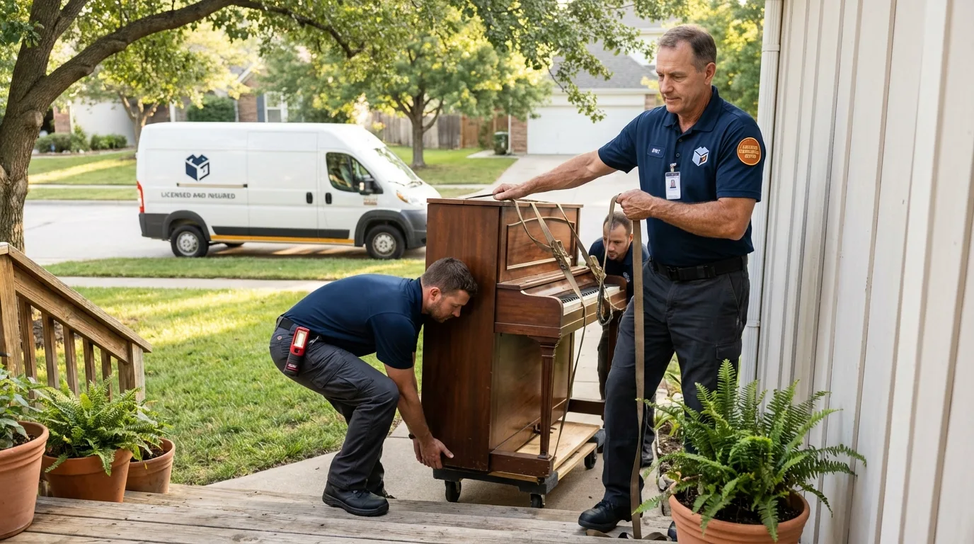 Licensed piano movers securing grand piano in Cherryfield, ME