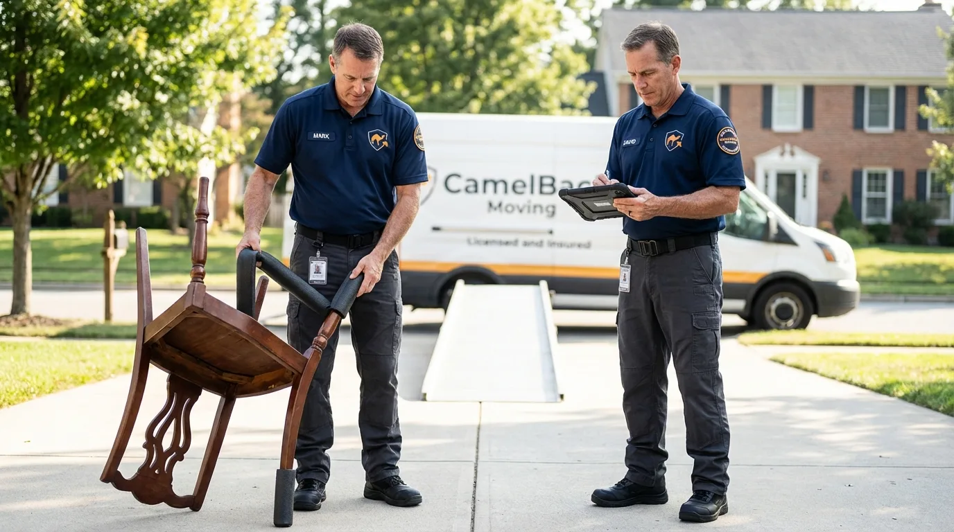 Movers inspecting furniture for damage prevention before loading in Cherryfield, ME