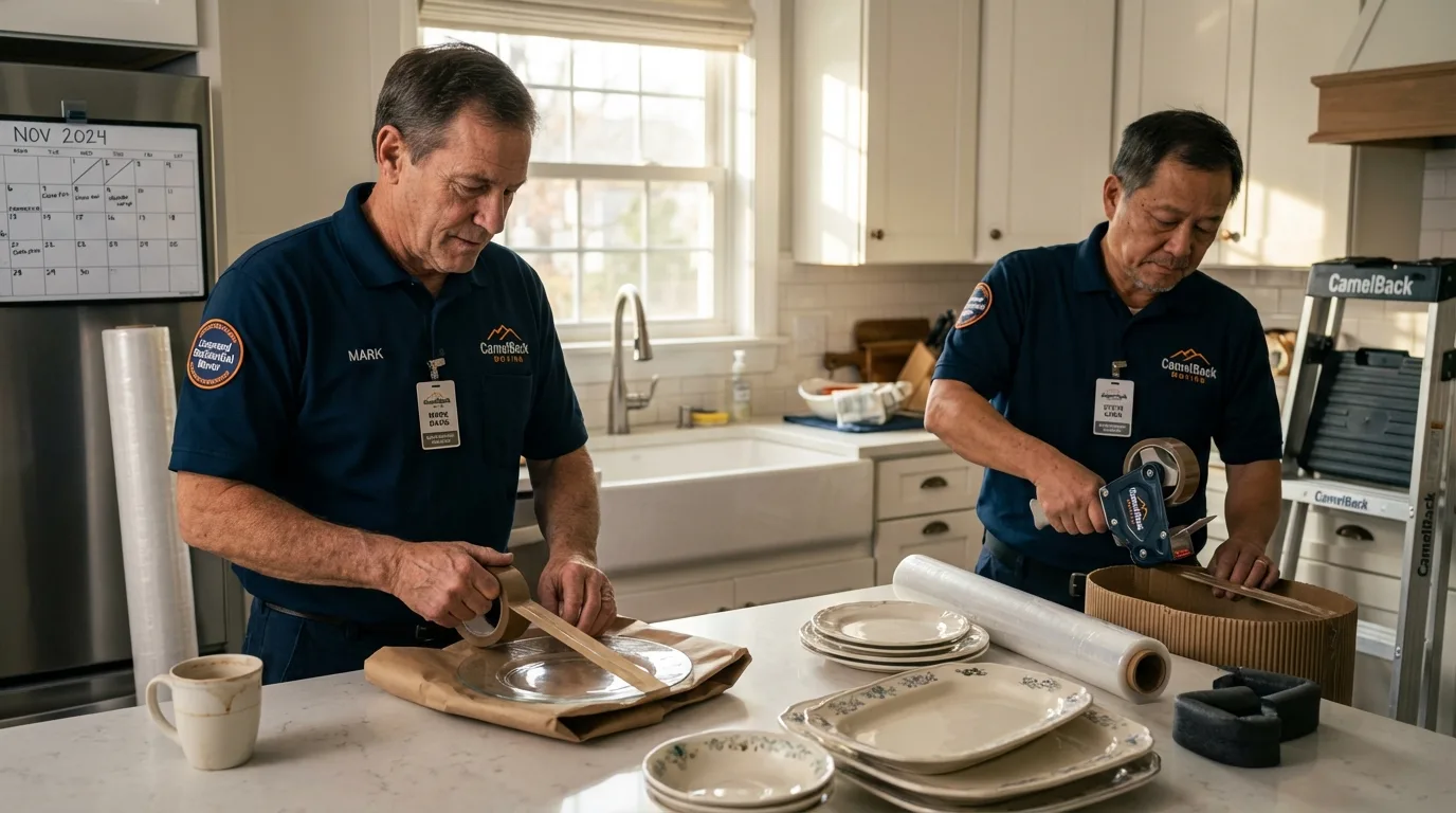 Professional crew packing kitchen dishware in Cherryfield, ME